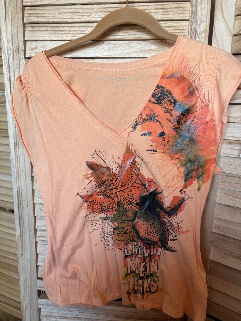 Calvin Klein Jeans Peach Graphic V-Neck Tee